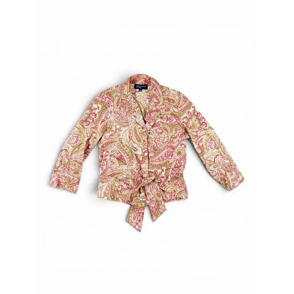 Jones New York Signature Pink Green Paisley Tie Front Cotton Blouse Size Small